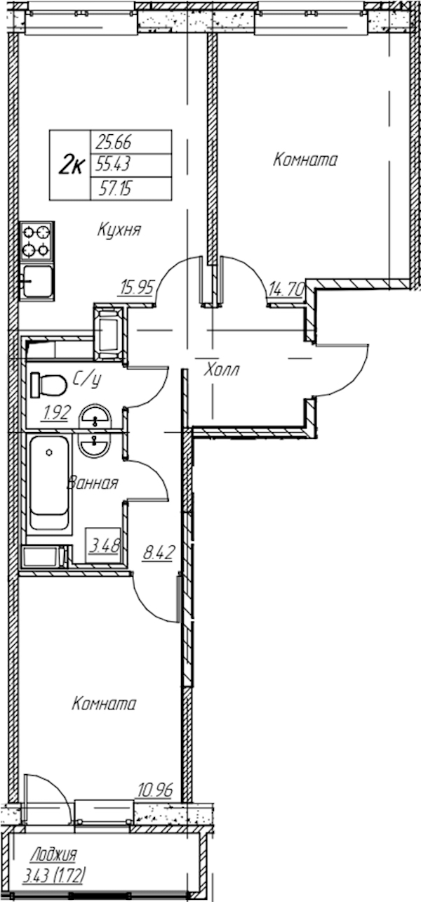 2-комнатная квартира 57.15 м², 19/22 эт., ЖК «Парк-квартал Юнтолово»